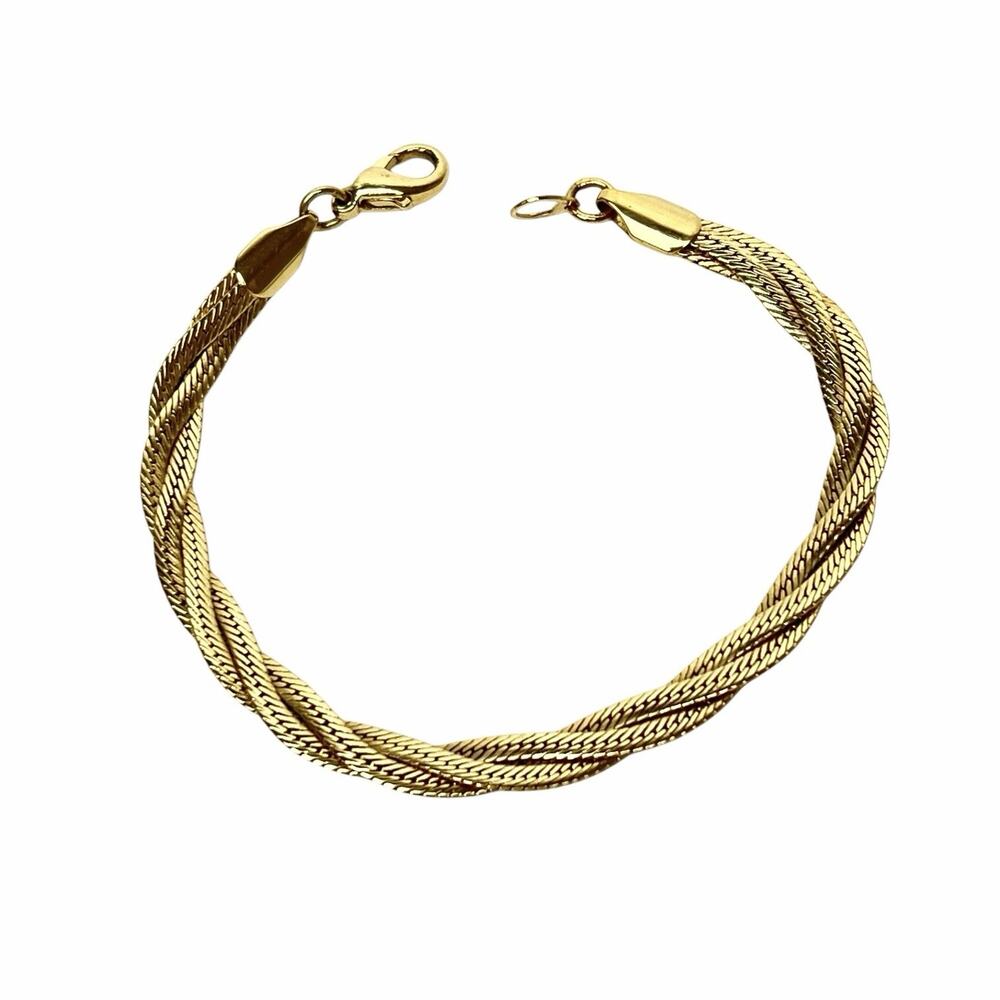 Womens Herringbone Bracelet Gold Tone Braided Flat Chain Sleek Classic Elegant